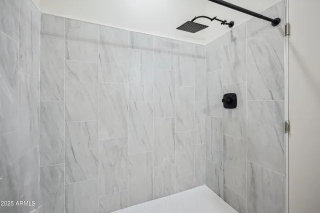 a bathroom with a shower and a shower