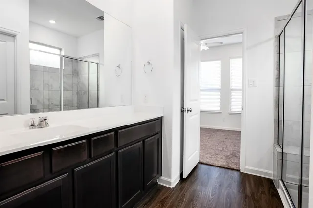 a bathroom with a sink a mirror and a shower