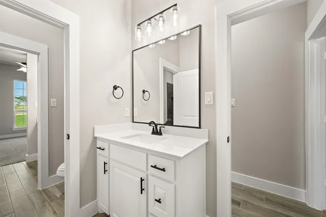a bathroom with a sink and a mirror