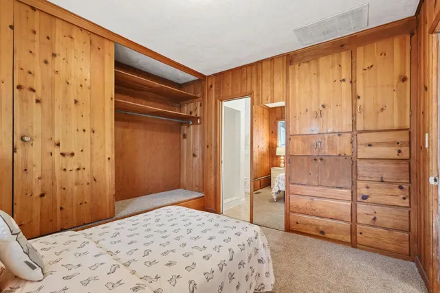 a bedroom with a bed and a closet