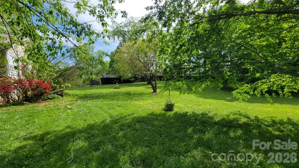 a view of a table and trees in the grass