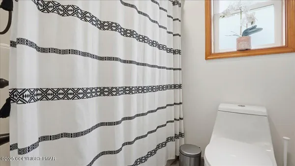 a bathroom with a toilet and a shower