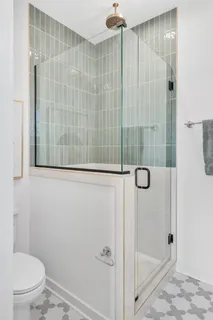 a bathroom with a shower and a toilet