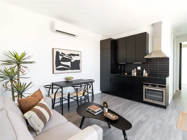 a living room with furniture kitchen view and a potted plant