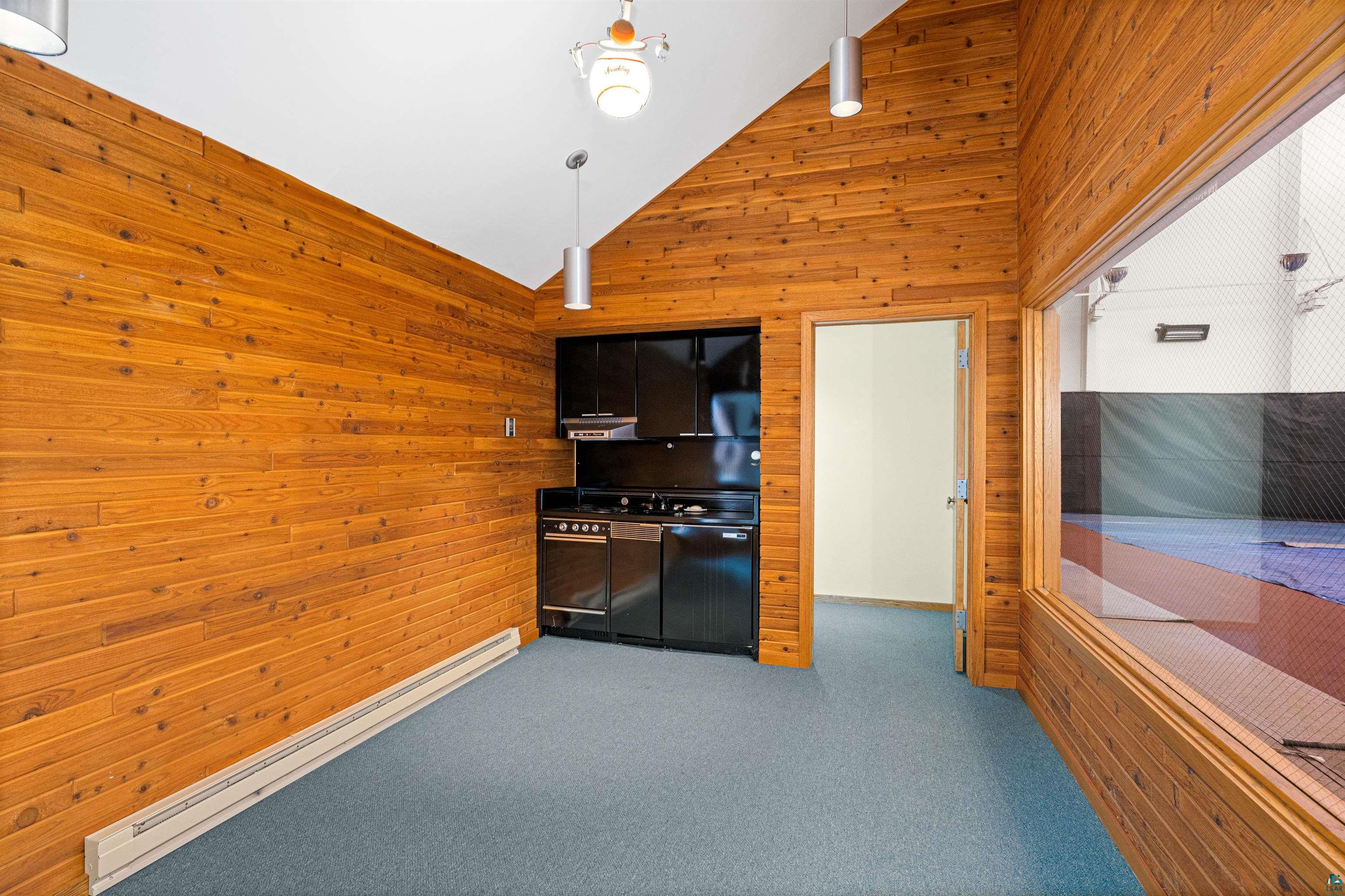5781 South Pike Lake Road Duluth, MN 55811 - Photo 26 of 42 Kitchen featuring wooden walls, baseboard heating, carpet flooring, and lofted ceiling