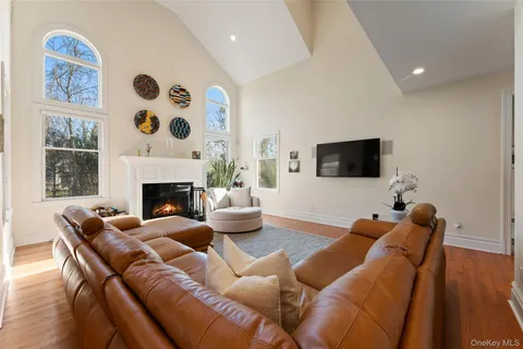 a living room with furniture a flat screen tv and a fireplace