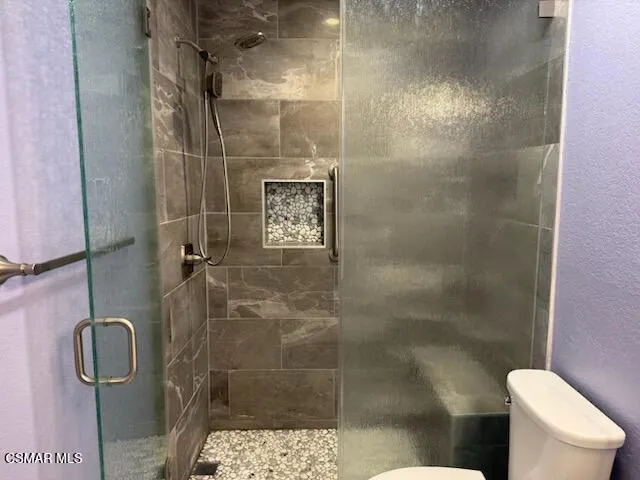 a bathroom with a shower and toilet