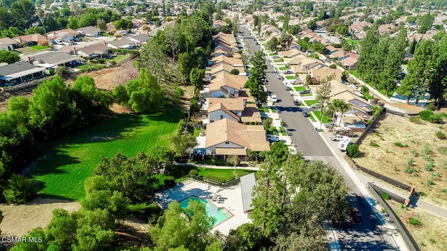 a view of a backyard with table and chairs potted plants and a large tree