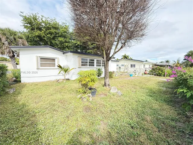 a view of a yard with plants and large tree