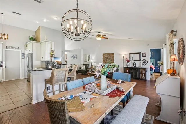 a view of a dining room with furniture