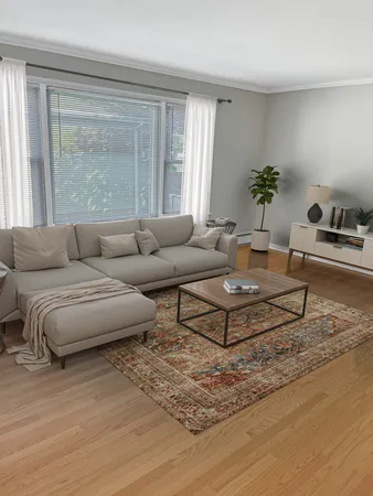 a living room with furniture and a potted plant