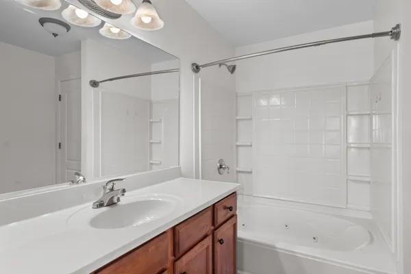 a bathroom with a bathtub shower sink vanity and a mirror