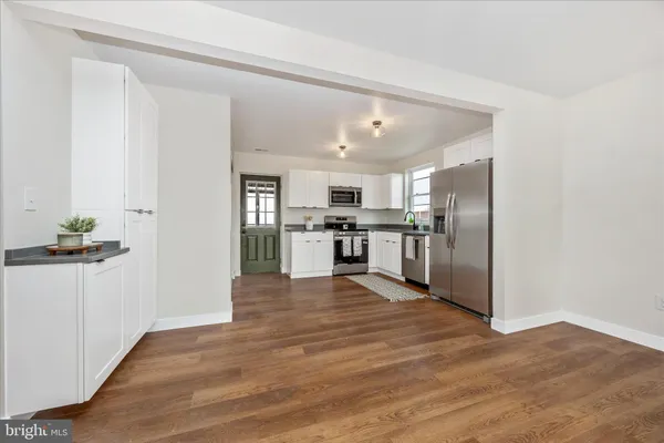 a view of kitchen with wooden floor