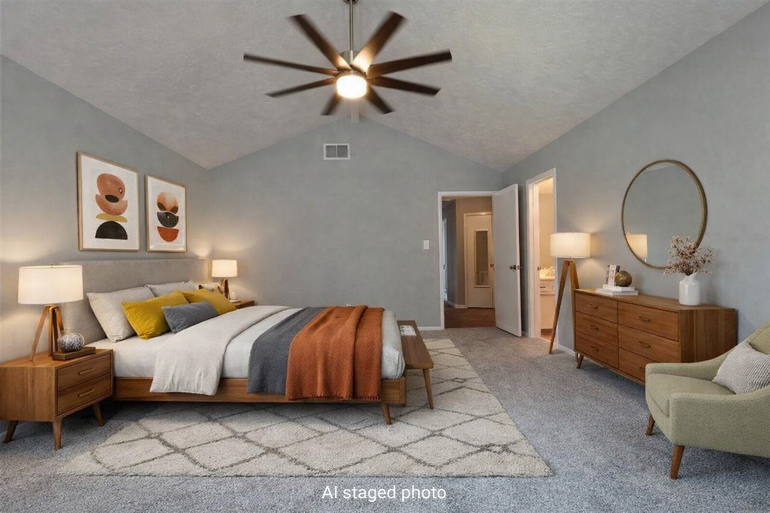 11712 South Kirkwood Road Houston, TX 77477 - Photo 19 of 33 a bedroom with a bed a couch and a chandelier