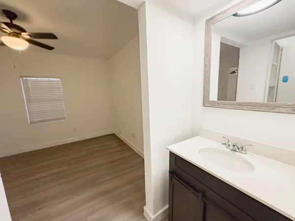 a bathroom with a sink and a mirror