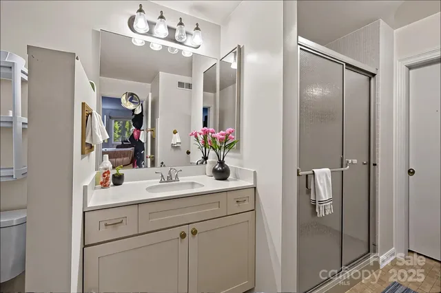 a bathroom with a sink vanity and a mirror