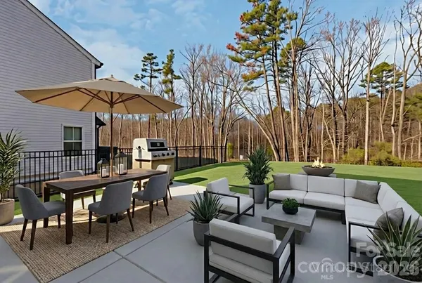 an outdoor space with furniture