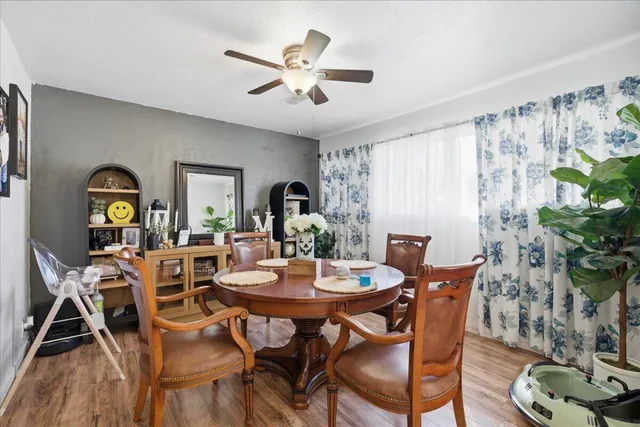 a view of a dining room with furniture and a potted plant