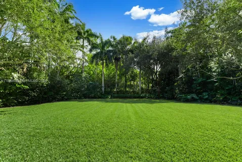 a view of a green field with trees in the background