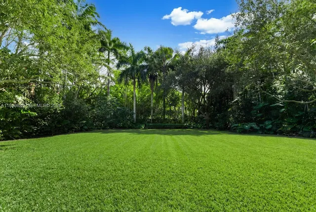 a view of a green field with trees in the background