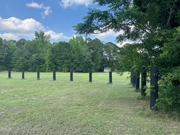 a grassy field with trees in the background