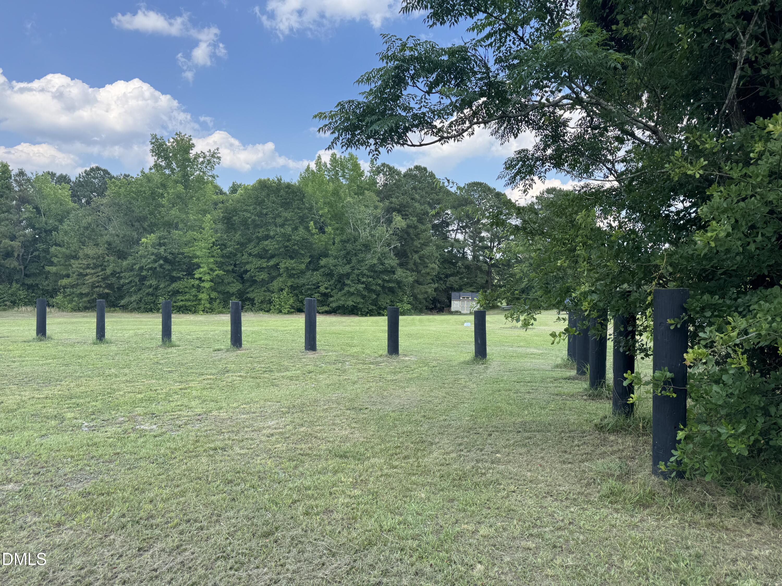 a grassy field with trees in the background