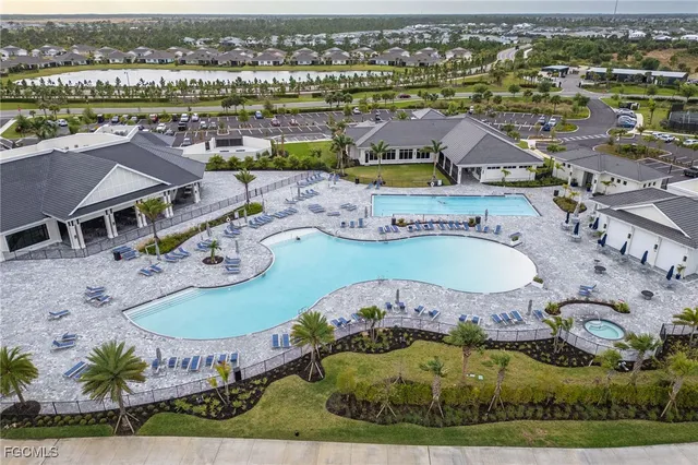 an aerial view of a swimming pool