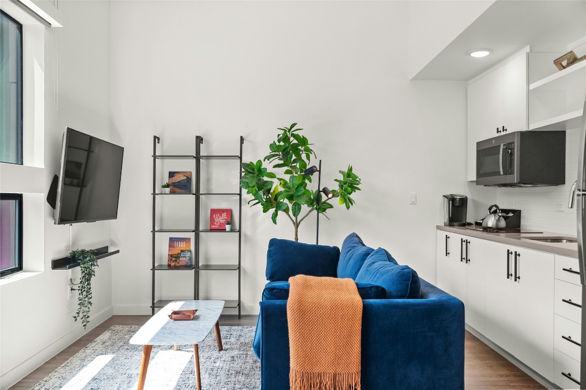 49 Navasota Street, Unit 214 Austin, TX 78702 - Photo 14 of 37 a living room with furniture a flat screen tv and a potted plant