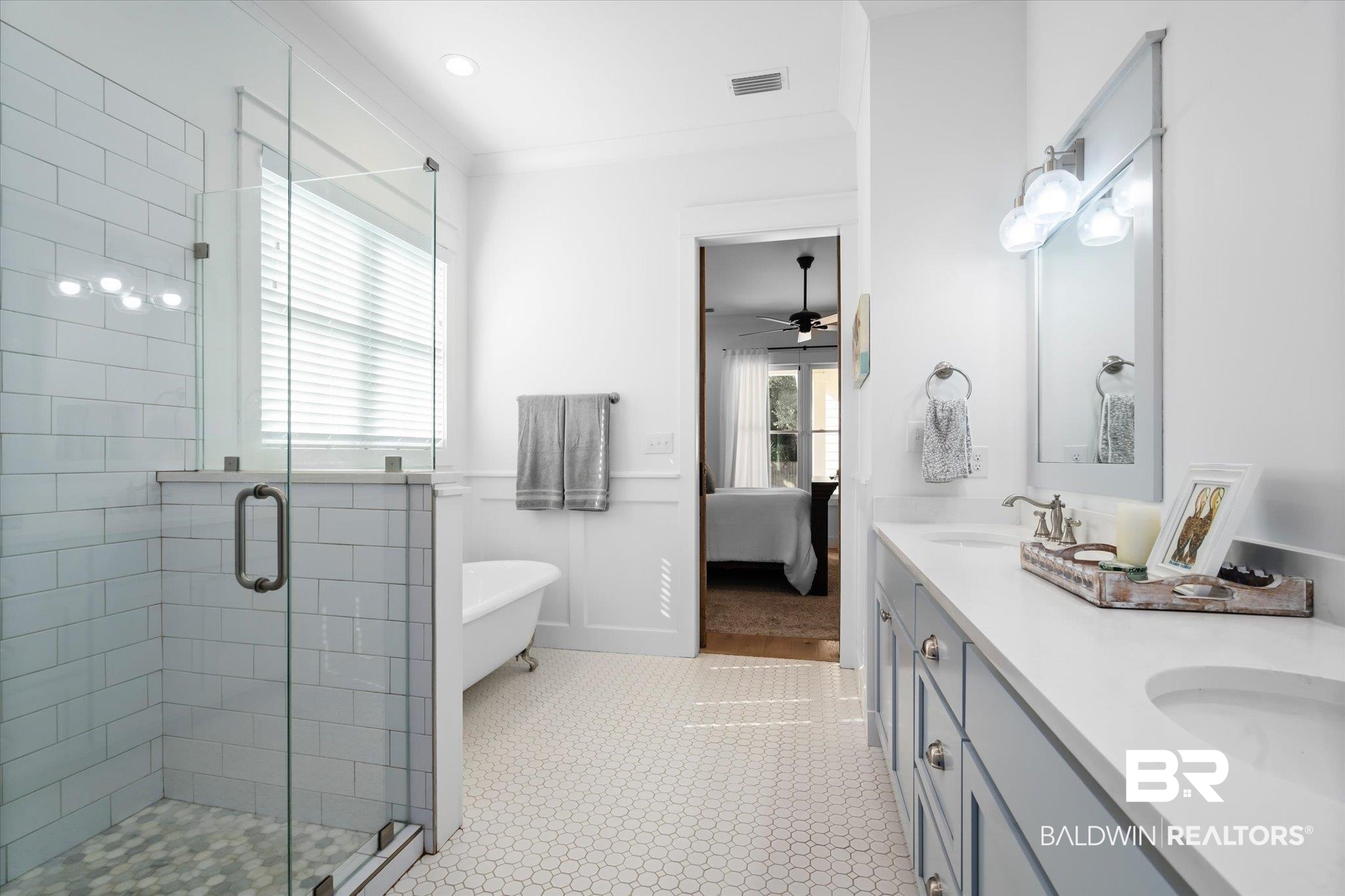 15 Semmes Avenue Mobile, AL 36604 - Photo 6 of 43 Bathroom featuring tile patterned flooring, shower with separate bathtub, a wealth of natural light, and ceiling fan