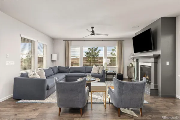 a living room with fireplace furniture and a flat screen tv