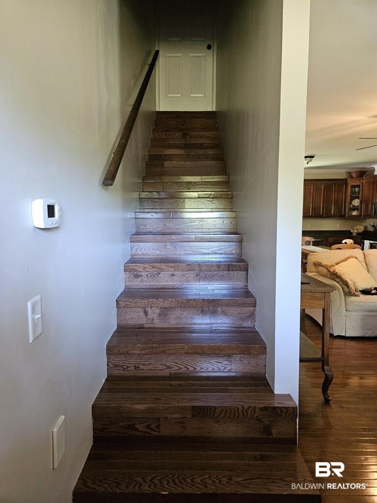 45820 Phillipsville Road Bay Minette, AL 36507 - Photo 11 of 15 Staircase featuring ceiling fan and wood-type flooring
