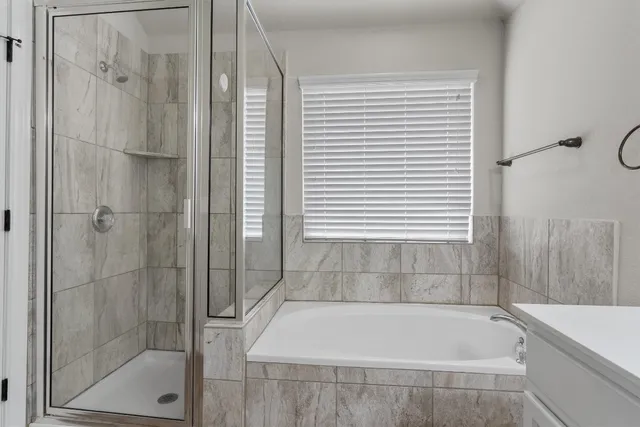 a bathroom with a bathtub and shower