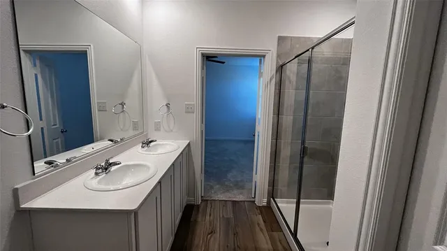 a bathroom with a sink a mirror a vanity and a shower