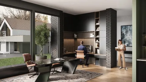 a living room with furniture and a floor to ceiling window