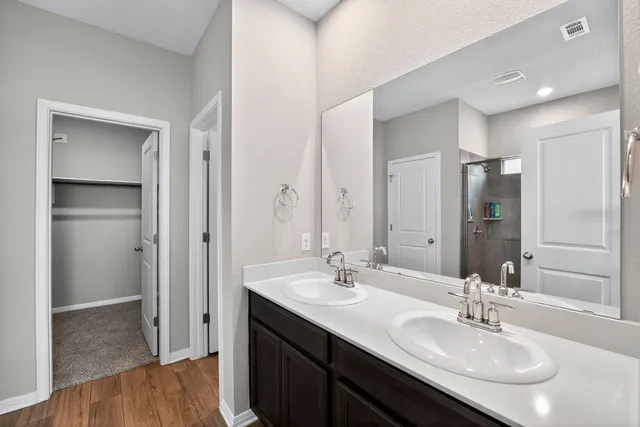 a bathroom with a sink double vanity and a mirror