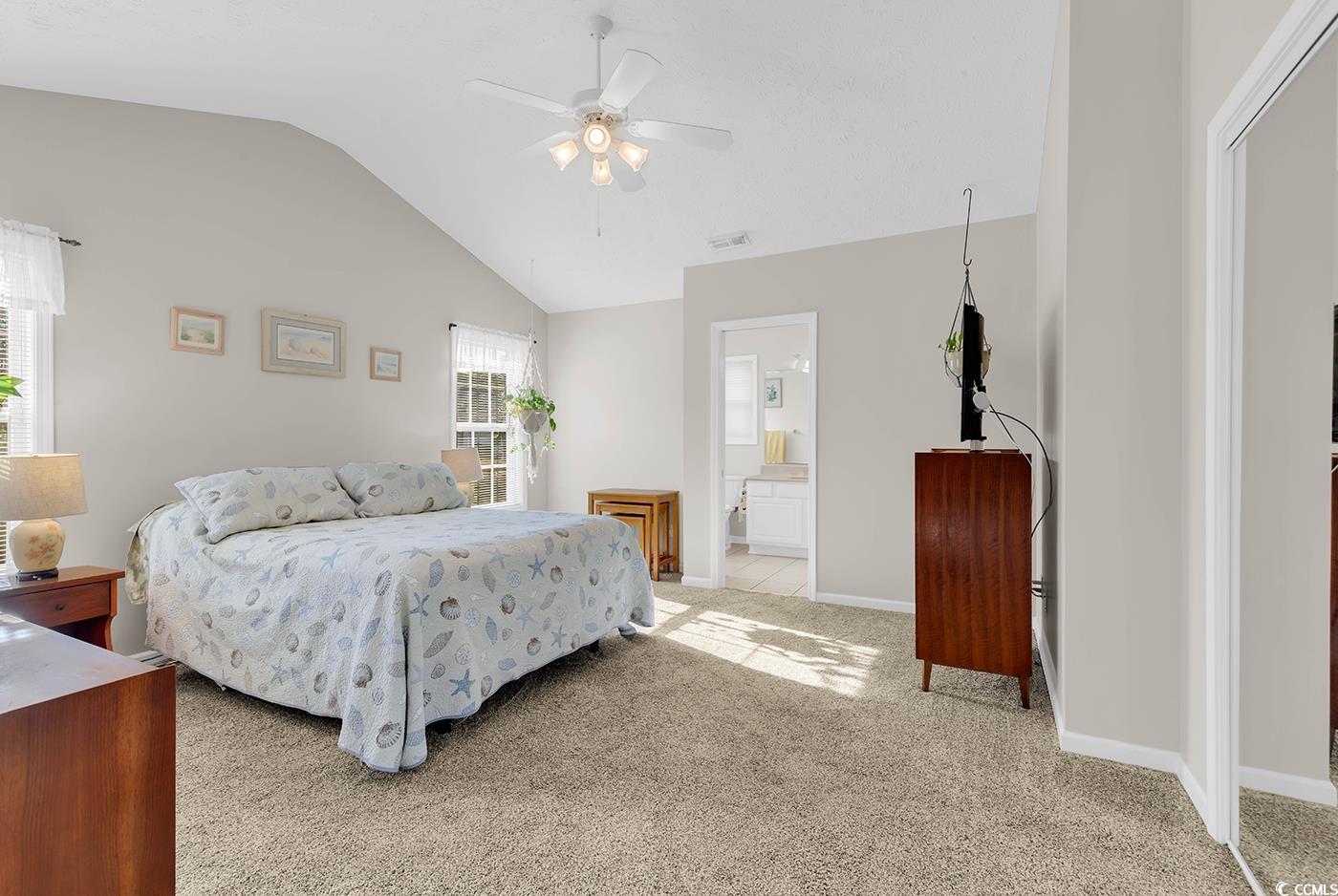 653 Pamlico Court Myrtle Beach, SC 29588 - Photo 16 of 39 Bedroom featuring lofted ceiling, light carpet, and ceiling fan. view of the lake.