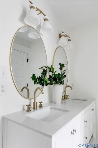 a bathroom with a sink a potted plant and a mirror