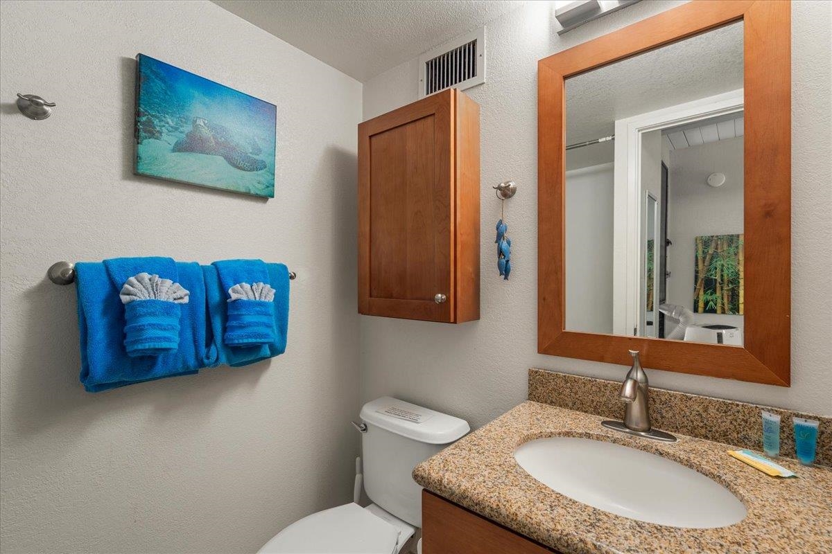 2191 South Kihei Road, Unit 2419 Kihei, HI 96753 - Photo 25 of 27 a bathroom with a granite countertop sink a toilet and mirror