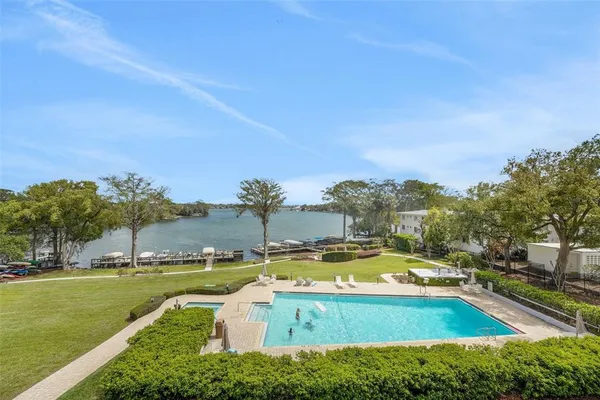 a view of a swimming pool and trees in the background