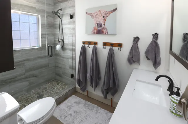 a bedroom with a bed dresser with a flat screen tv and a fireplace