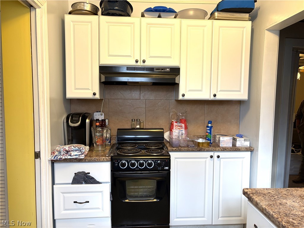 969 Evangeline Road Cleveland, OH 44110 - Photo 24 of 38 Kitchen featuring decorative backsplash, black range with electric cooktop, white cabinetry, and dark stone counters