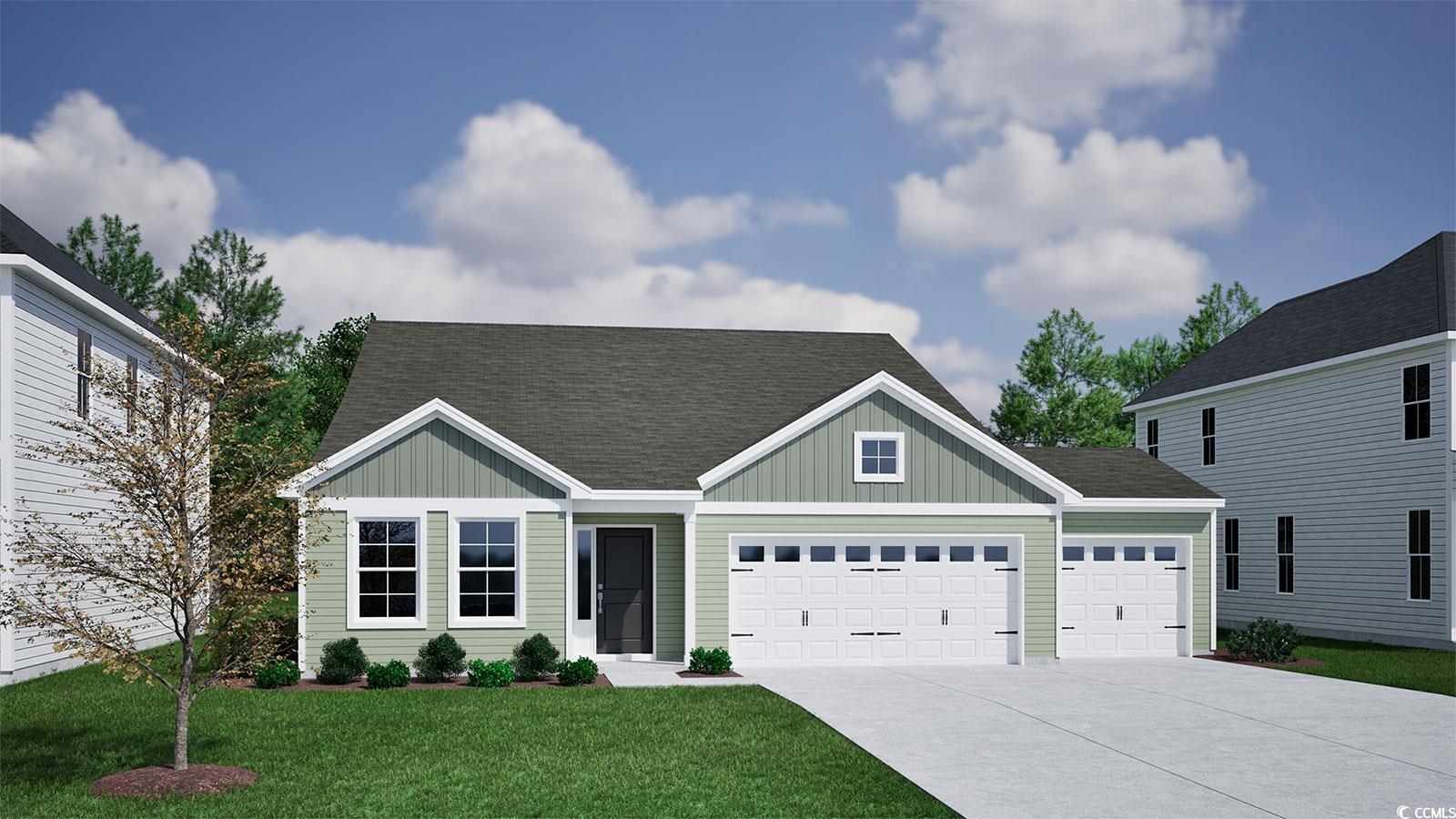View of front of house featuring a shingled roof, board and batten siding, a front lawn, driveway, and a garage