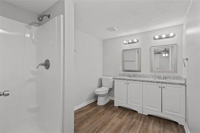 a bathroom with a granite countertop sink a toilet and a mirror