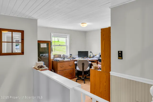 a view of a workspace with kitchen area