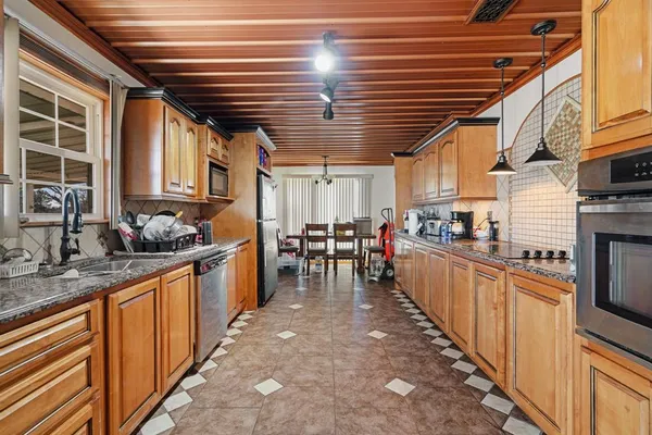 a kitchen with lots of counter top space