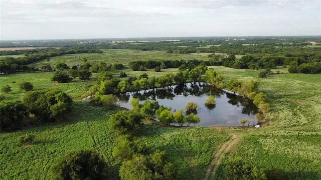 an aerial view of residential houses with outdoor space and trees