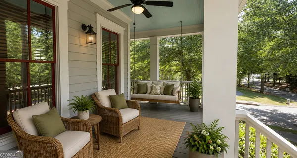 a balcony with furniture and potted plants