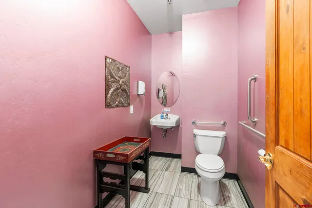 a bathroom with a toilet a sink and a mirror