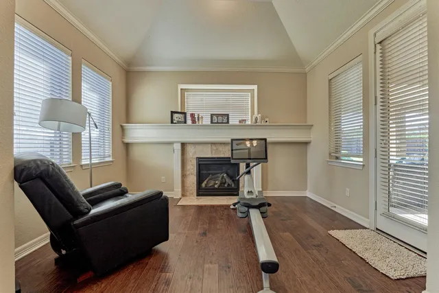 a view of a garden with a houses