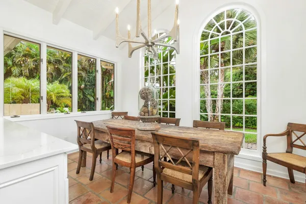 a view of a dining room with furniture window and outside view